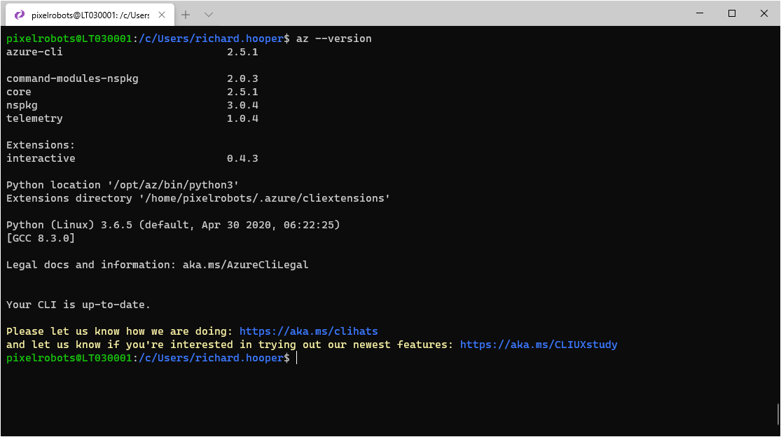 Terminal using command az --version