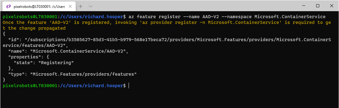 Terminal showing az feature registration command