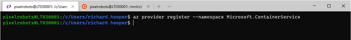 Terminal showing az provider register command to refresh registration