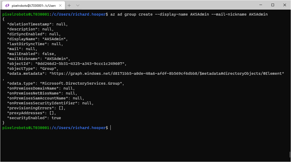 Terminal showing creation of an Azure AD group to manage AKS cluster