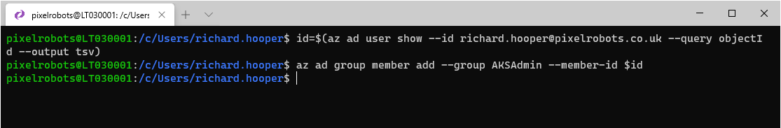 Terminal showing object id and adding your user to group