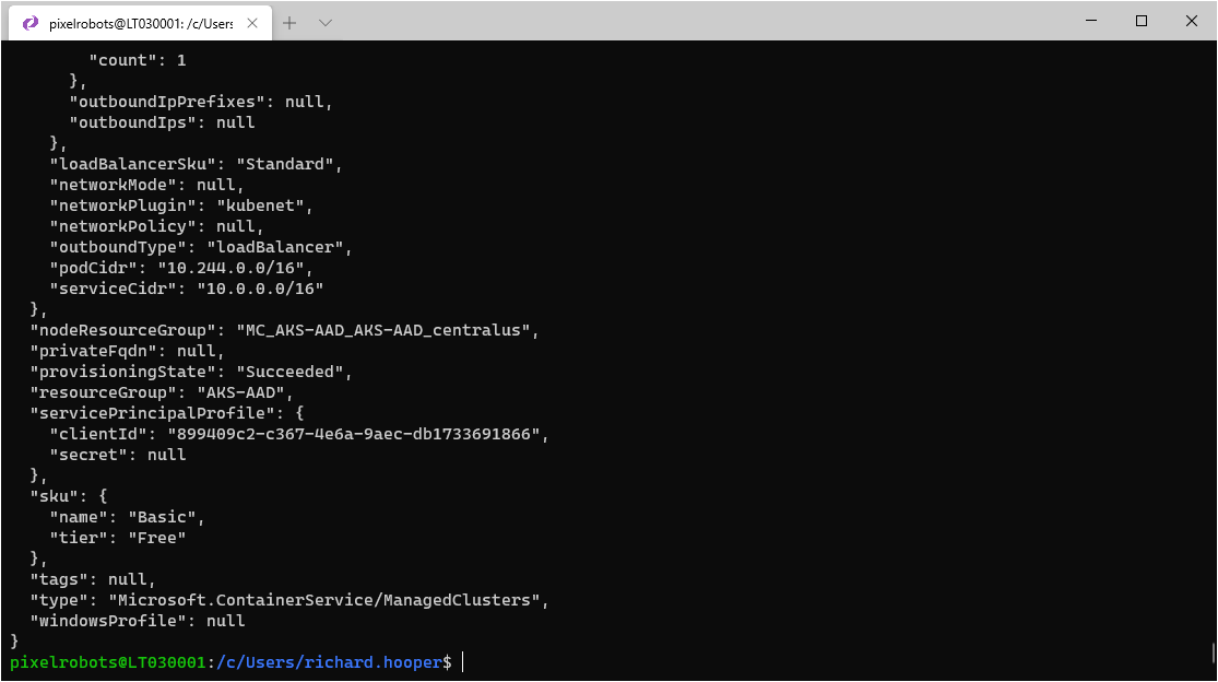 Terminal showing AKS cluster with Azure AD integration