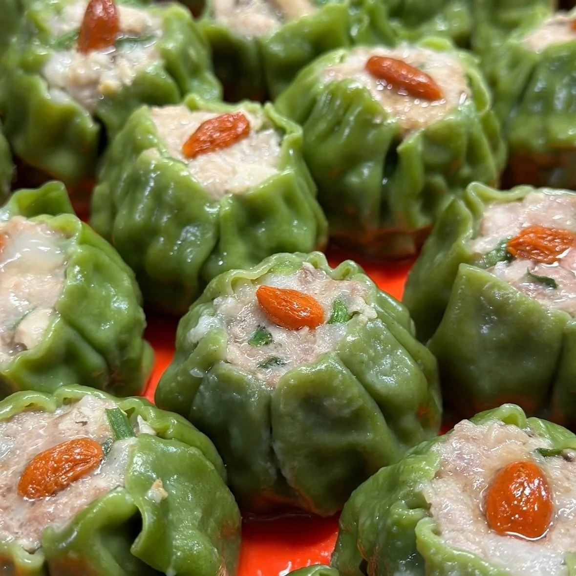 Jade Dumplings &mdash; Steamed juicy pork &amp; cabbage wrapped in vibrant spinach skins, topped with goji gems 💎 jade-bright ✨💚