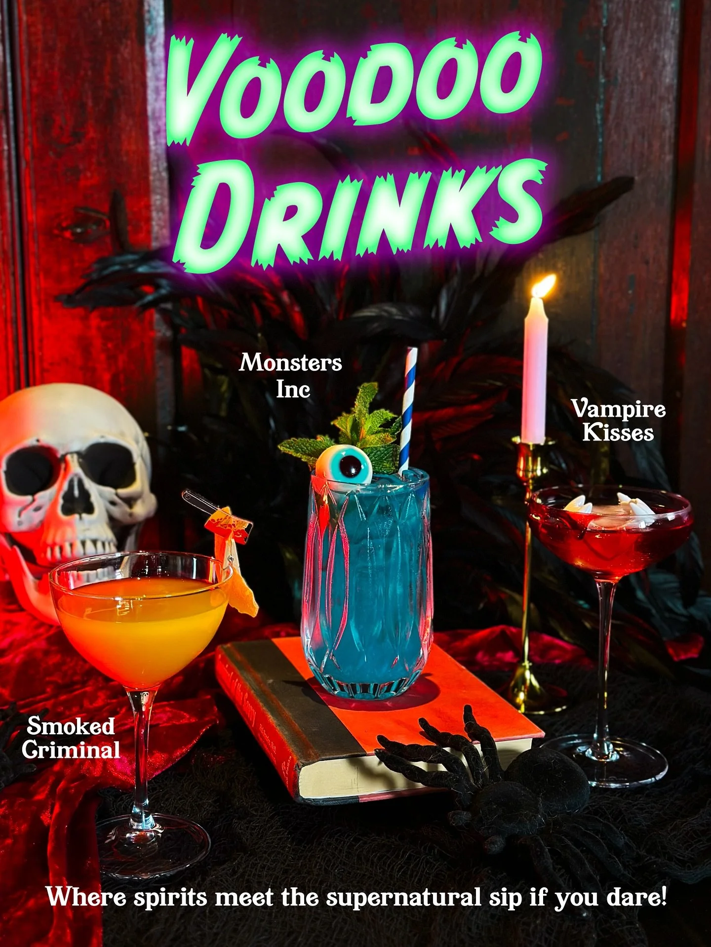 Step into the dark side with our Voodoo Drinks 🔮 Sip if you dare 💀
🧛🏻&zwj;♂️Vampire Kisses &ndash; sweet &amp; sinful 🩸 
🧞&zwj;♂️ Monster Ink &ndash; spooky &amp; tropical 🥥
🔥Smoke Criminal &ndash; smoky &amp; dangerous🥭
Raise your spirits t