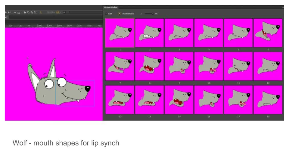 I used my animation and illustration background to pitch in and create mouth shapes for the wolf lip-synch. I love the challenge of working in someone else’s unique style.