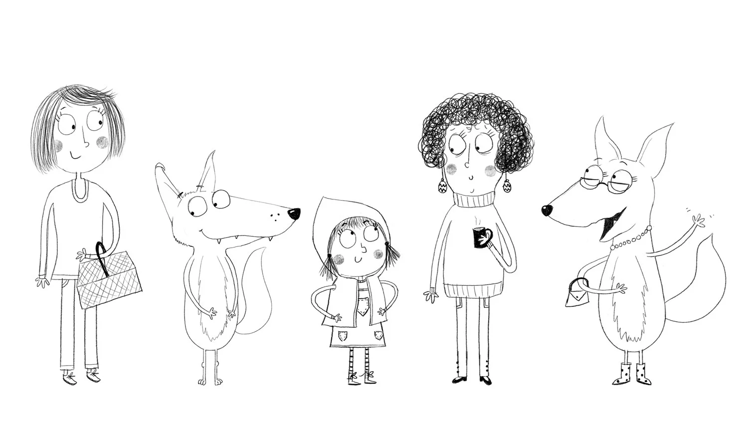 Early sketches for the whole cast of characters