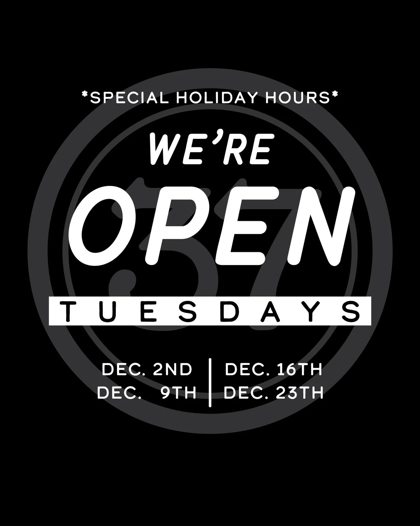 SPECIAL HOLIDAY SHOPPING HOURS! 🎄 🎁 🔔

For the month of December, Mercantile 37 will be open an additional day for your local shopping pleasure!

DECEMBER HOURS:
Mercantile 37 will be open Tuesday - Saturday: 9-5
Wheelers Cafe will be open Tuesday