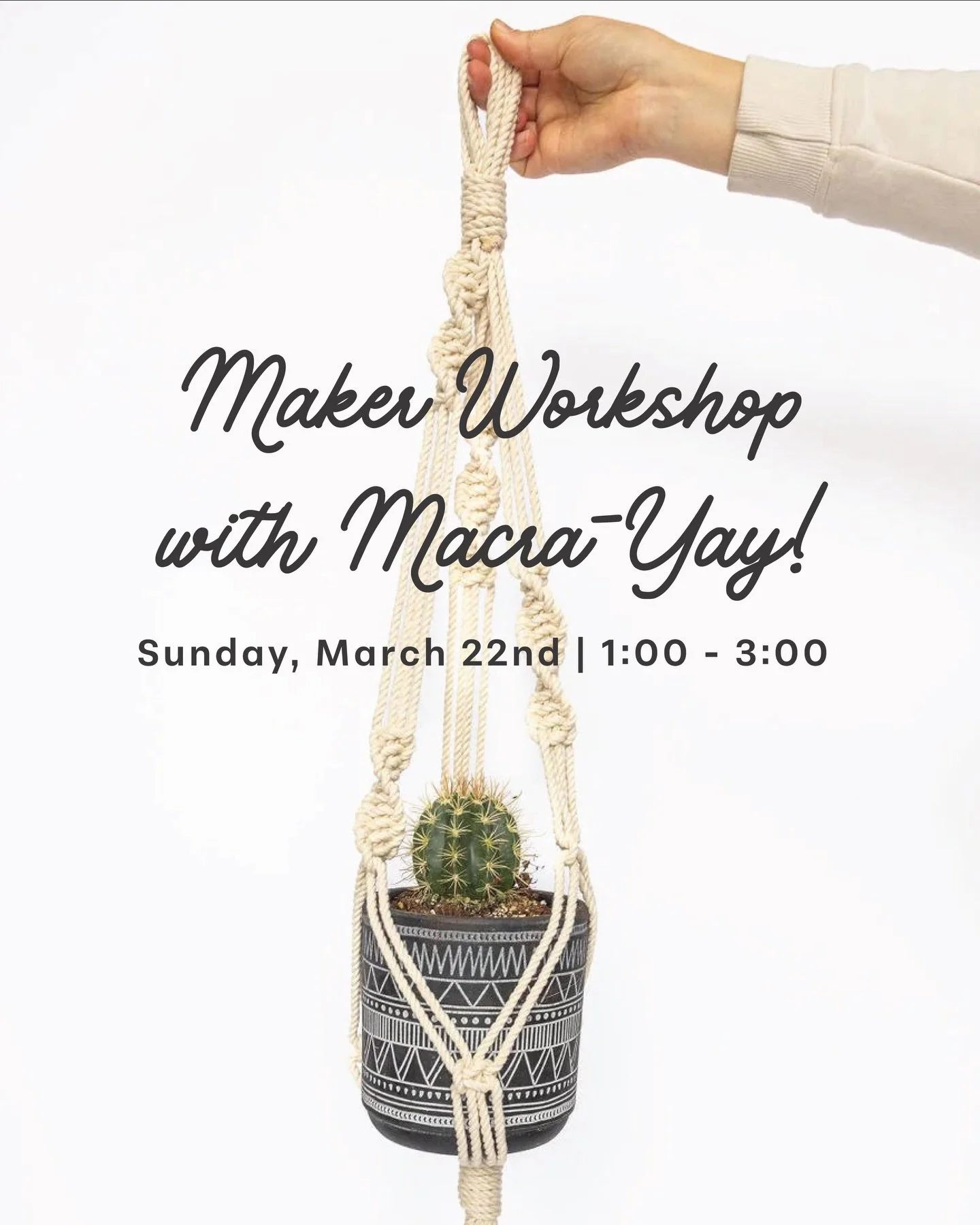Our March Maker Workshop! 🖌️

Join us this month and learn macrame by creating your own plant hanger! 🪴

Each ticket includes: 
- all materials to create your own unique macrame plant hanger
- your choice of a pastry and drink from Wheeler&rsquo;s 