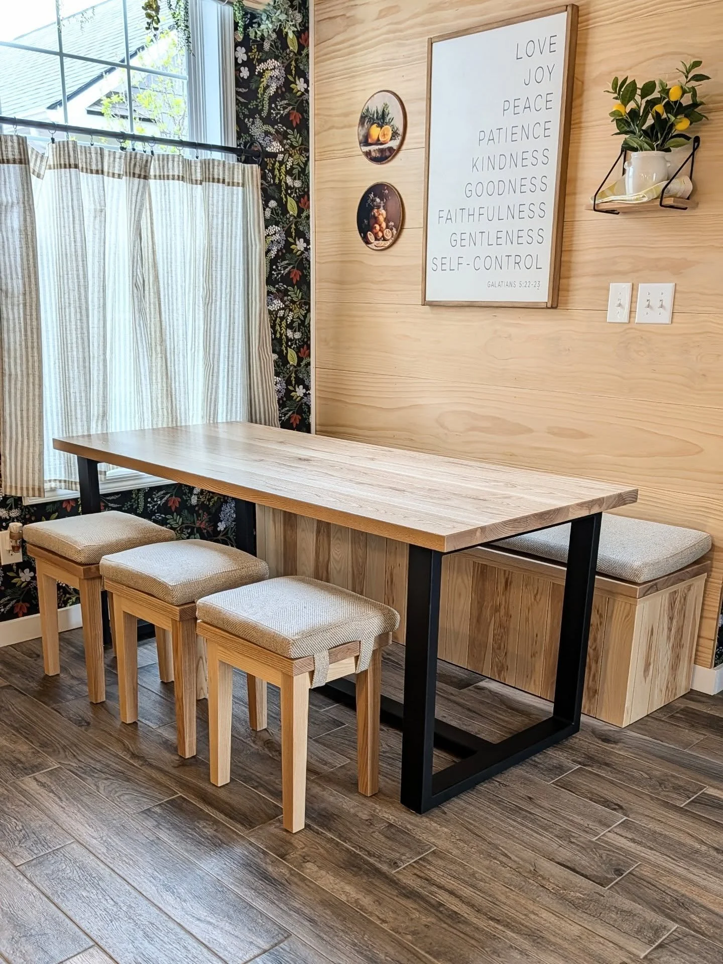 Here's a recent finished project for a beautiful home in Fishers. This versatile nook space is just off the kitchen and was all set up for their grandchildren on Easter morning! 

Table: Solid Ash top on a steel base

Stools: Solid Ash with custom re