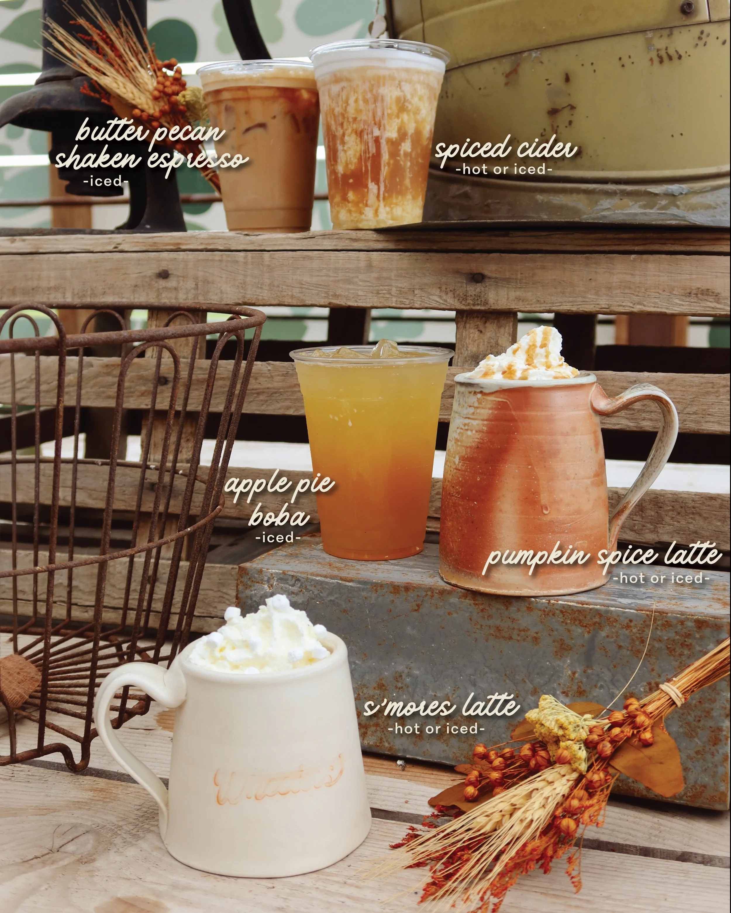 The Pumpkin Spice Latte is BACK! 🎃

Along with these fall favorites! 
🧡 butter pecan shaken espresso
🍂 spiced cider 
🍎 apple pie boba 
🔥 s&rsquo;more&rsquo;s latte

Which one are you going to try??