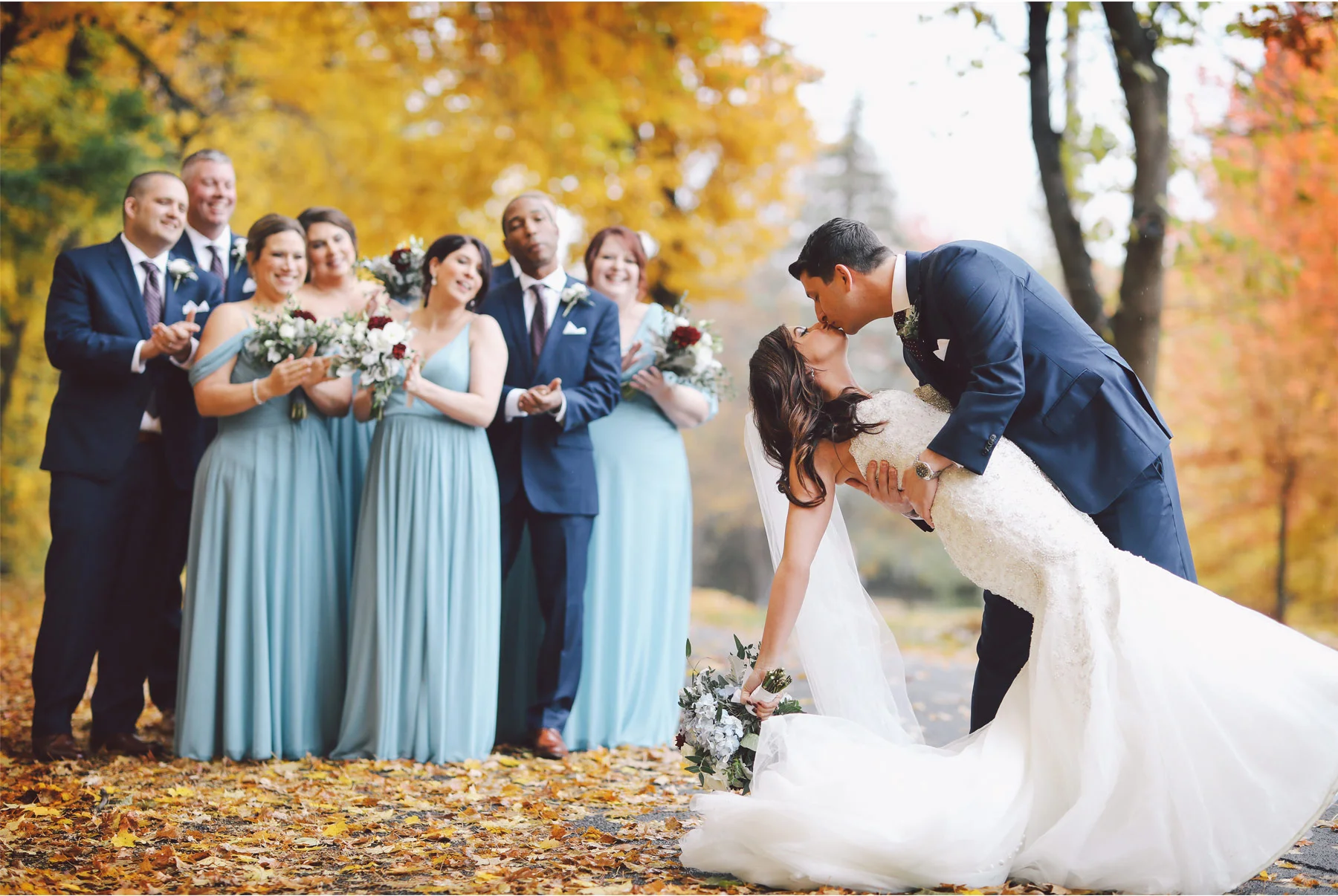 11-Minneapolis-Minnesota-Wedding-Photography-by-Vick-Photography-Classic-Car-Autumn-Fall-Colors-Wedding-Party-Dip-Kiss-Jana-and-Matt.jpg