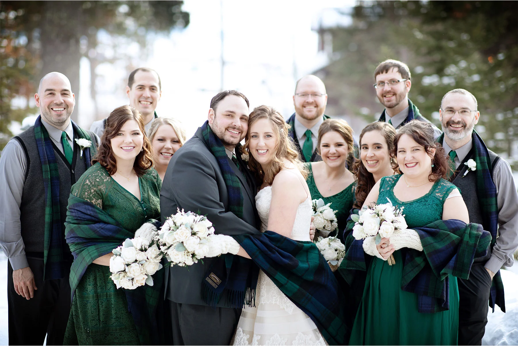 06-Brainerd-Minnesota-Wedding-by-Andrew-Vick-Photography-Nisswa-Grandview-Lodge-Winter-First-Look-Scarf-Plaid-Green-Group.jpg