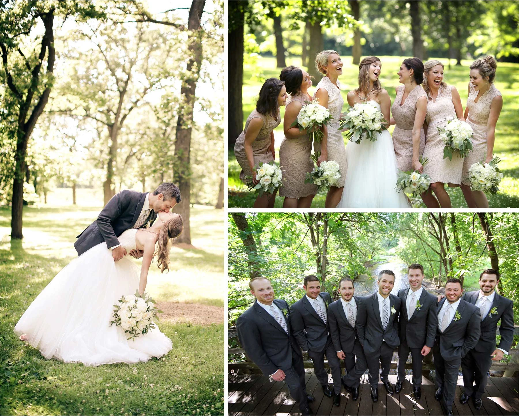 12-Minneapolis-Minnesota-Wedding-Photographer-by-Andrew-Vick-Photography-Summer-Woods-Bride-Groom-Dip-Kiss-Bridesmaids-Laughter-Groomsmen-Bridal-Party-Vintage-Katie-and-Travis.jpg