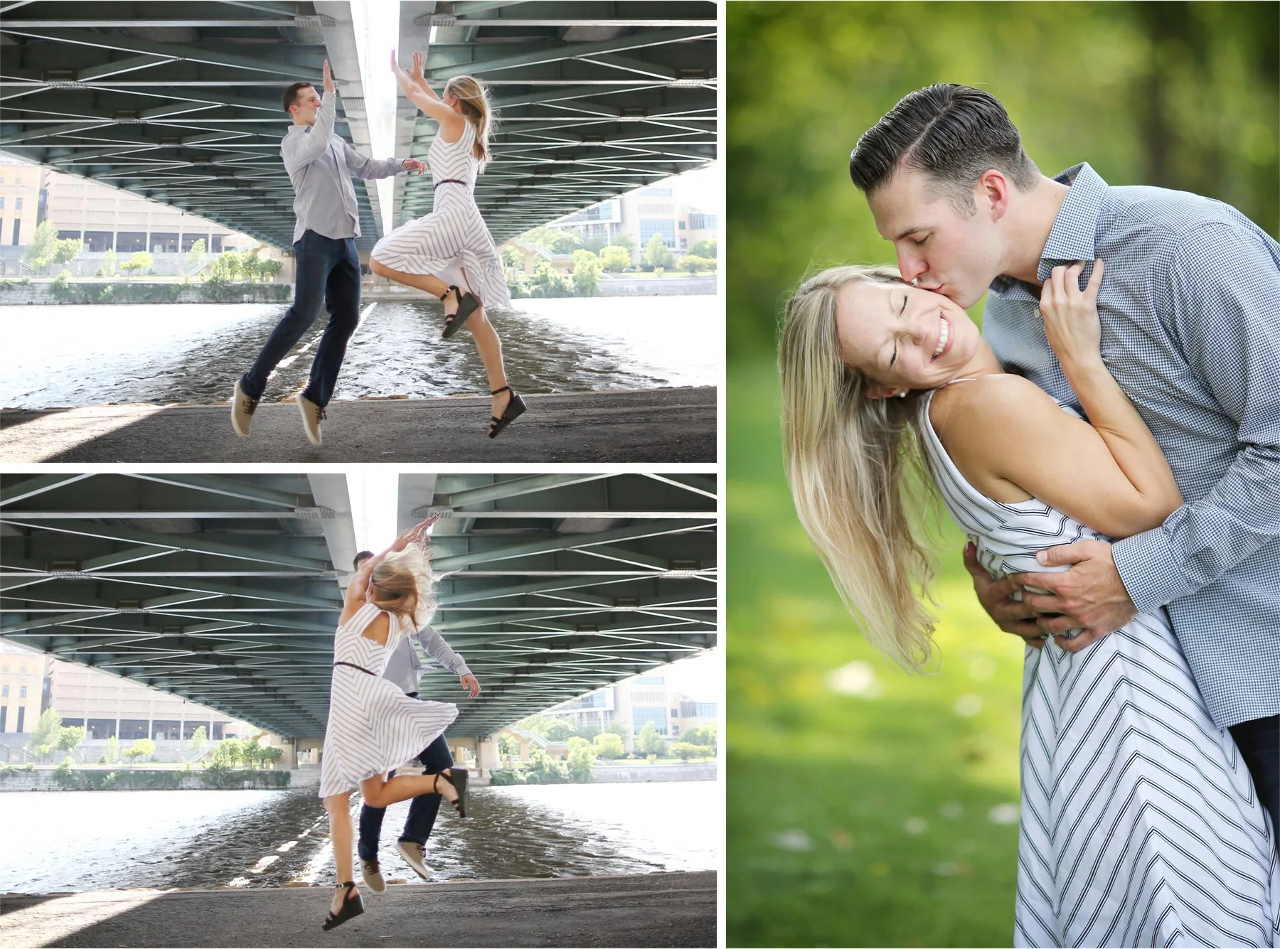 03-Minneapolis-Minnesota-Engagement-Photographer-by-Andrew-Vick-Photography-Summer-Mississippi-River-Hennepin-Avenue-Bridge-Jumping-High-Five-Kiss-Tina-and-Kevin.jpg