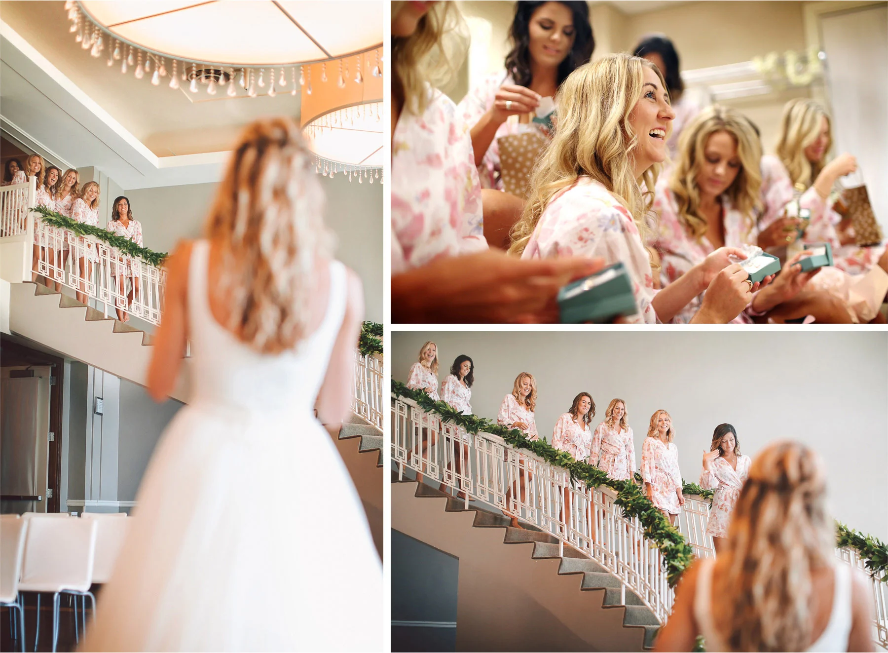 02-Minneapolis-Minnesota-Wedding-Photographer-by-Andrew-Vick-Photography-Summer-Calhoun-Beach-Club-Getting-Ready-Bride-Bridesmaids-Reveal-Staircase-Stairs-Gifts-Earrings-Tiffany-Lexie-and-James.jpg