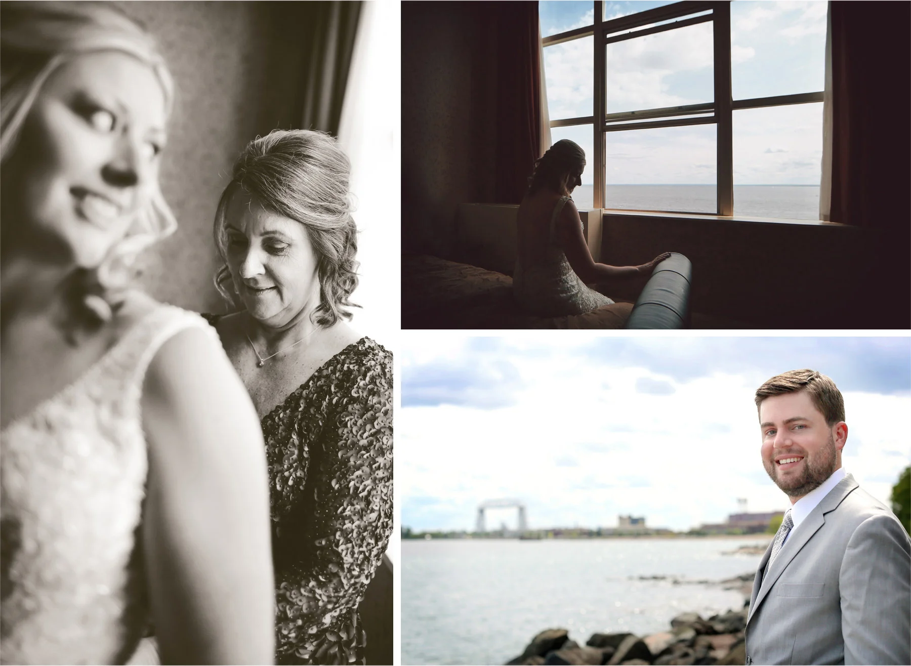 02-Duluth-Minnesota-Wedding-Photographer-by-Andrew-Vick-Photography-Summer-Sheraton-Hotel-Getting-Ready-Bride-Mother-Dress-Sepia-Groom-Lake-Superior-Aerial-Lift-Bridge-Katie-and-Andrew.jpg
