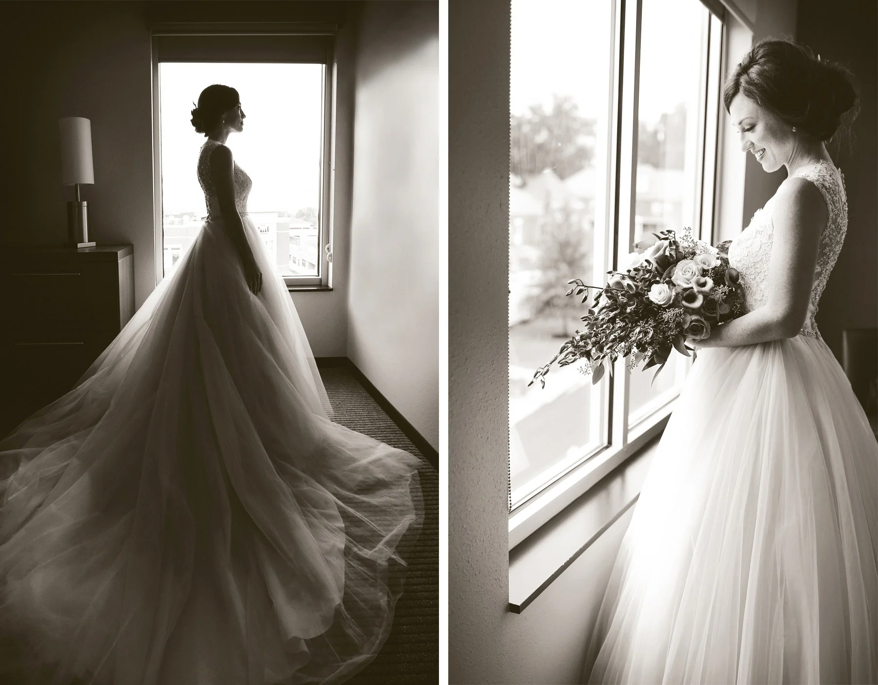 02-Bowling-Green-Kentucky-Wedding-Photographer-by-Andrew-Vick-Photography-Destination-Summer-Hyatt-Place-Hotel-Getting-Ready-Bride-Dress-Flowers-Sepia-Katie-and-Jon.jpg