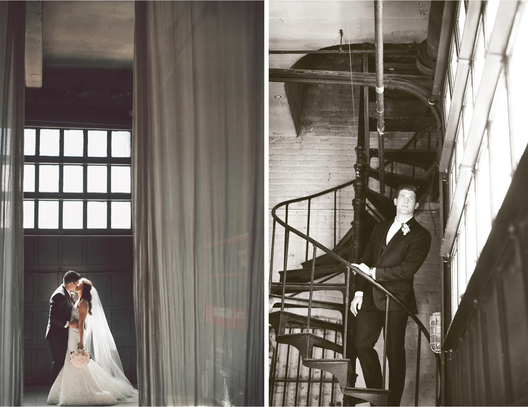 07-Minneapolis-Minnesota-Wedding-Photographer-by-Andrew-Vick-Photography-Aria-Spring-First-Meeting-Look-Bride-Groom-Embrace-Kiss-Sprial-Stairecase-Stairs-Black-and-White-Alex-and-Andy.jpg