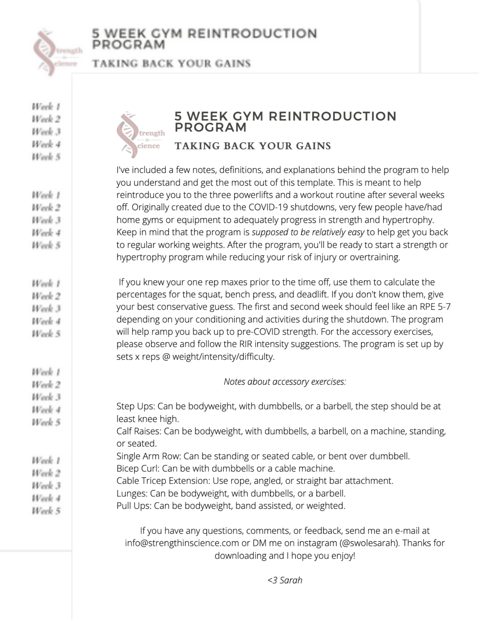 5 Week Gym Reintroduction Program ($50)