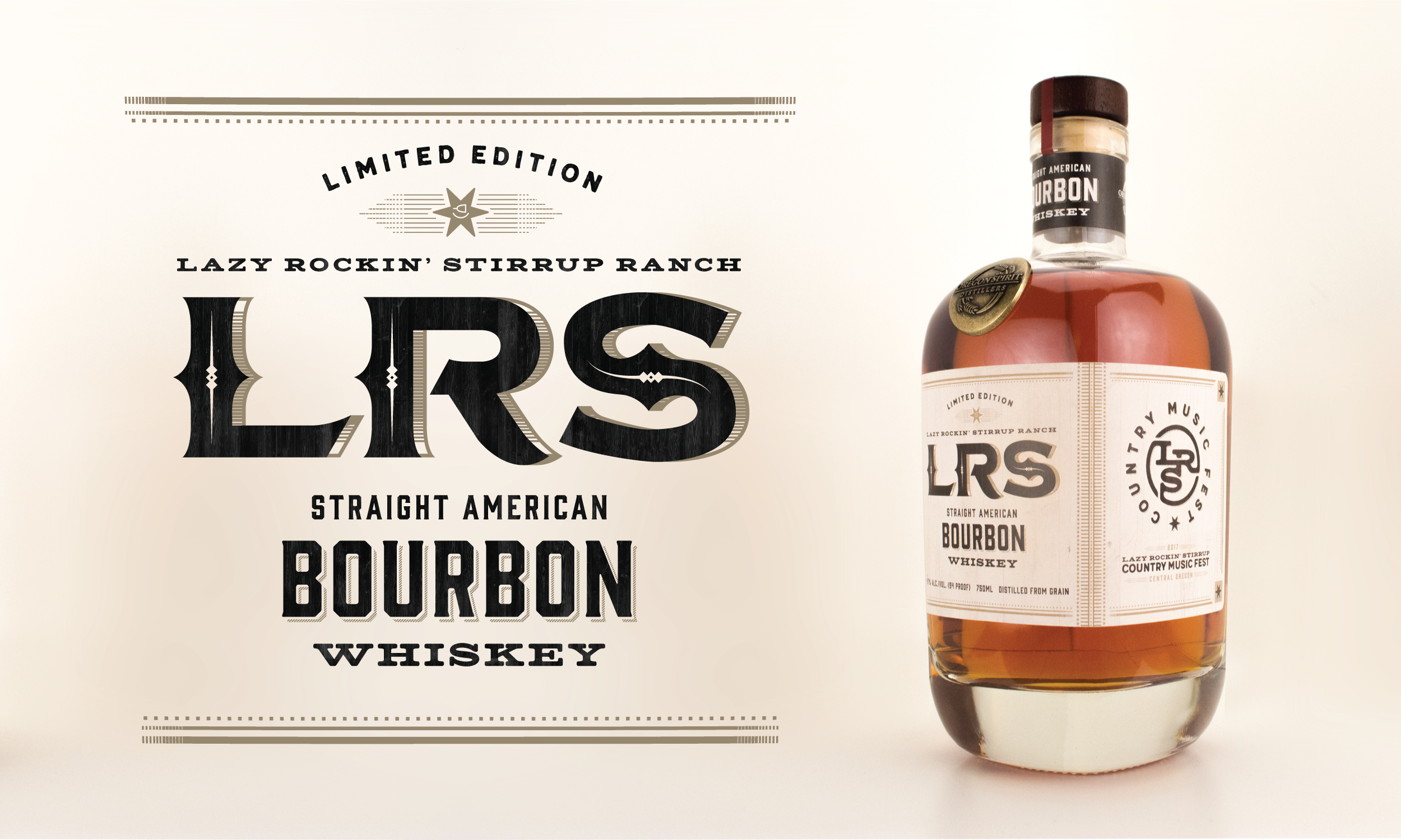Label design for limited edition Oregon Spirit Distillers Straight American Bourbon Whiskey. The commemorative bottles were sold at the LRS Country Music Festival. // 2017