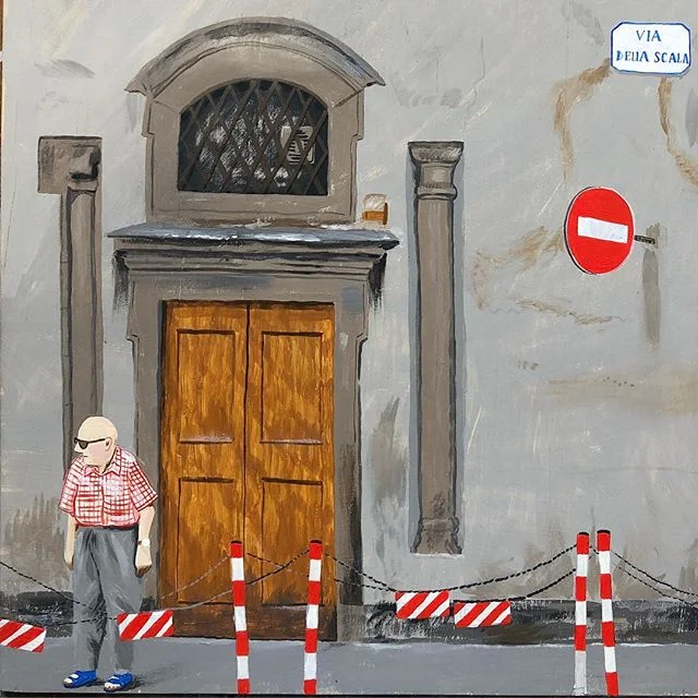 Detail from ‘Via Della Scala’, based on a photo I took years ago in Florence. I do love an unintentionally colour coordinated scene! #redismyfavouritecolour #acrylicpainting #firenzetoday #florenceitaly #streetscene