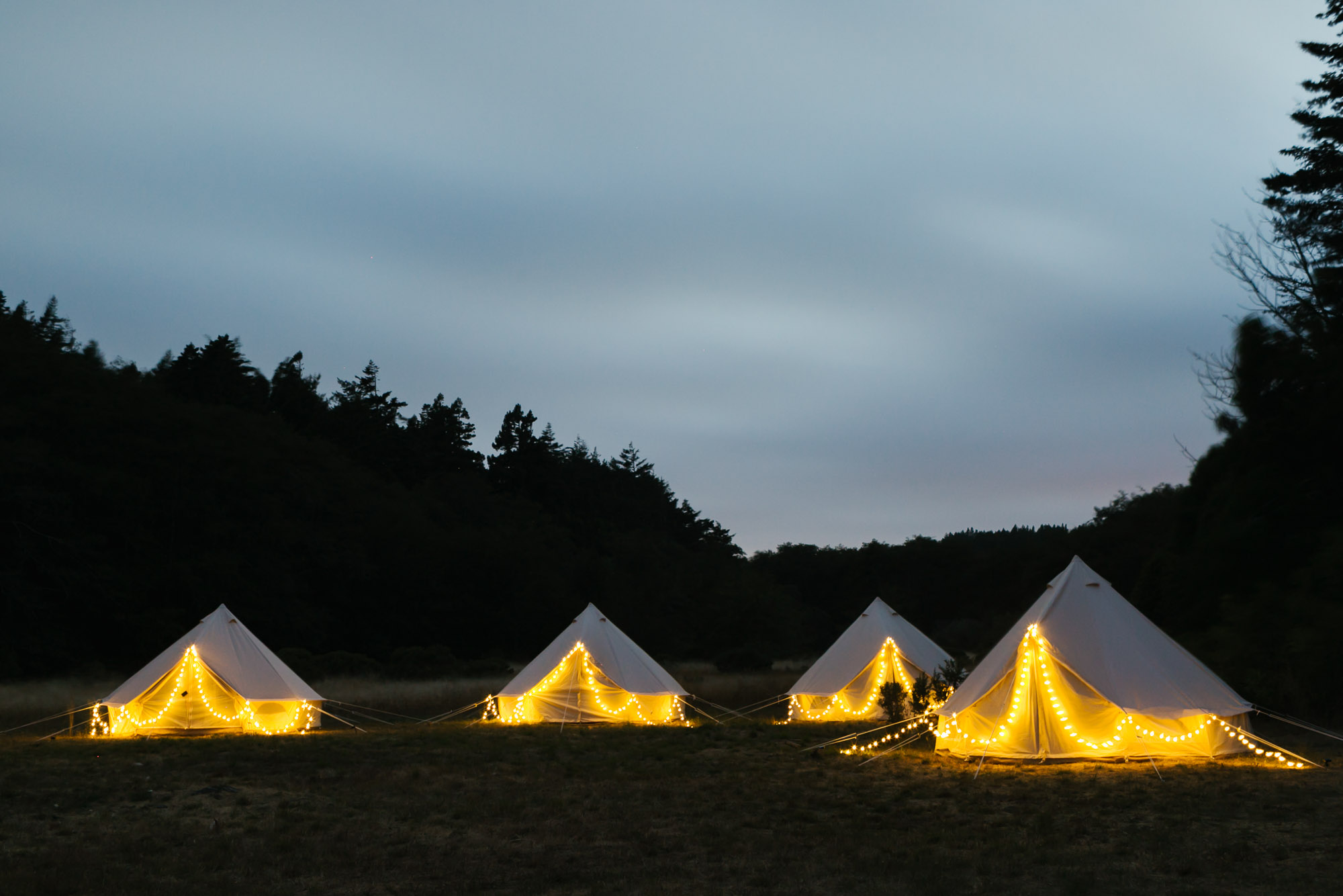Glamping tents with twinkle lights in field at Oz Farm