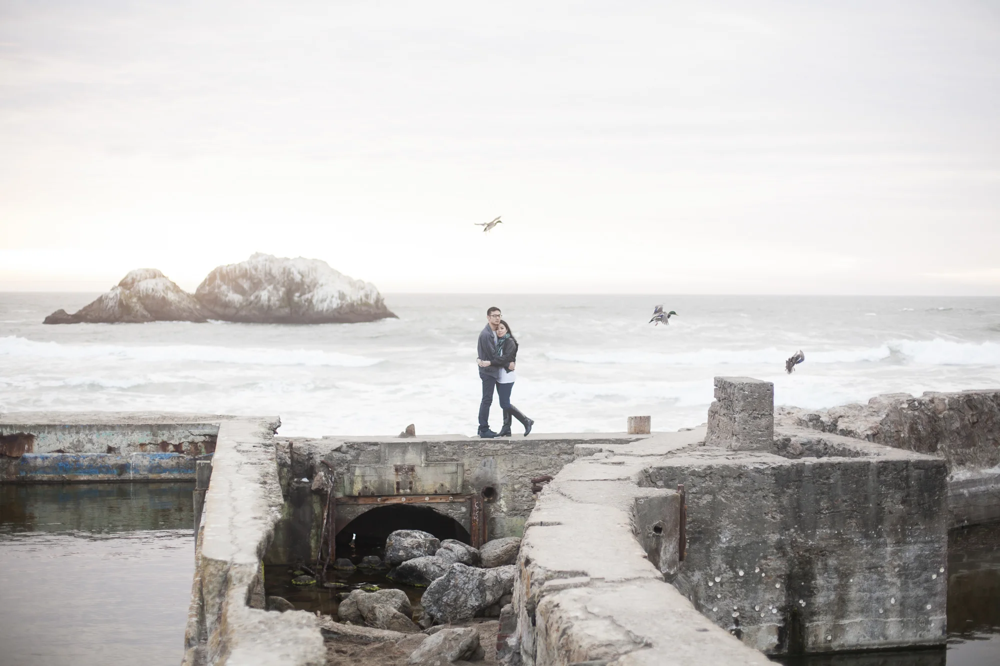 Sutro Bath ruins engagement session with a foggy sunset and flying birds