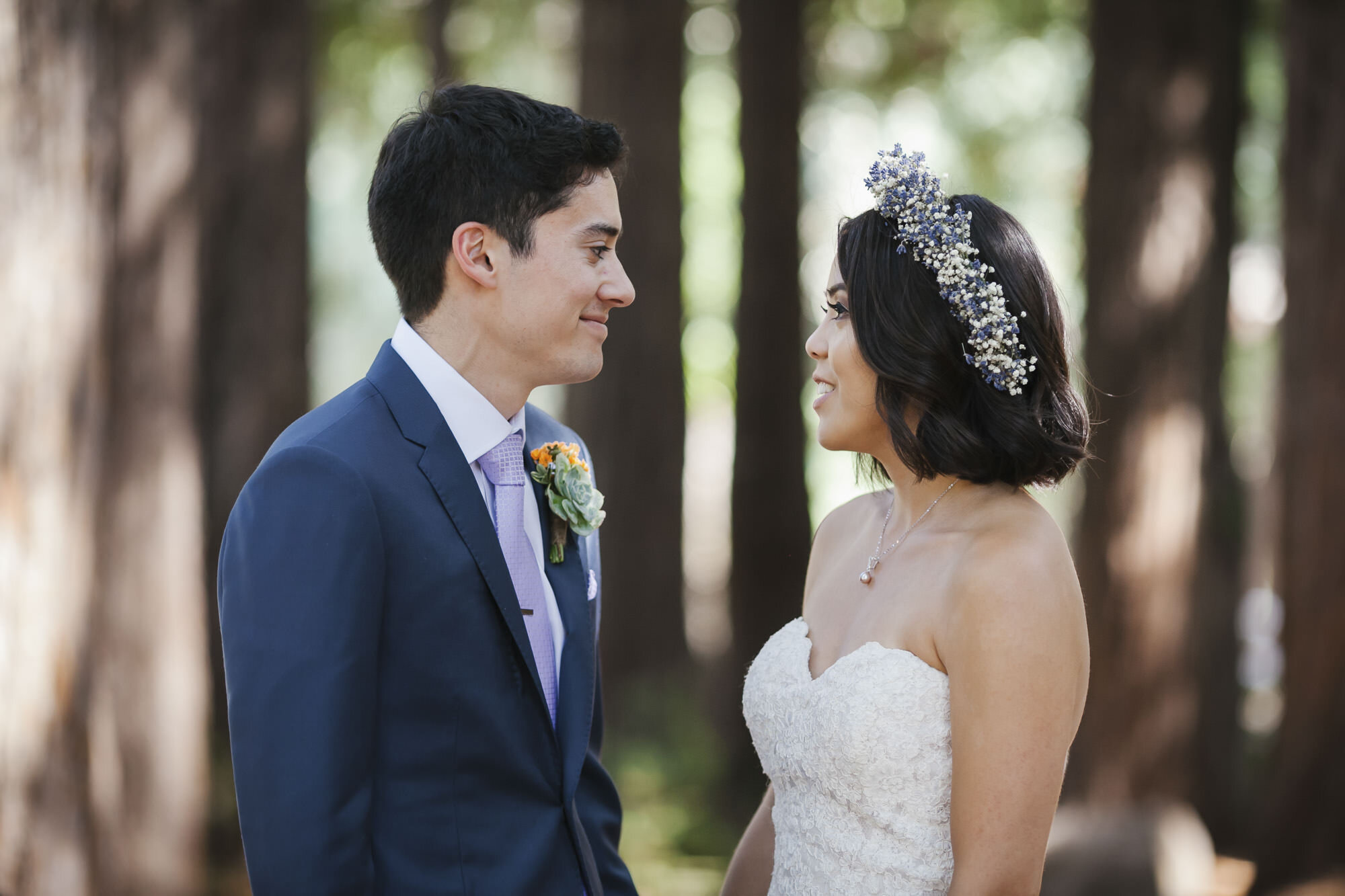 Bride and groom hold hands in a redwood forest