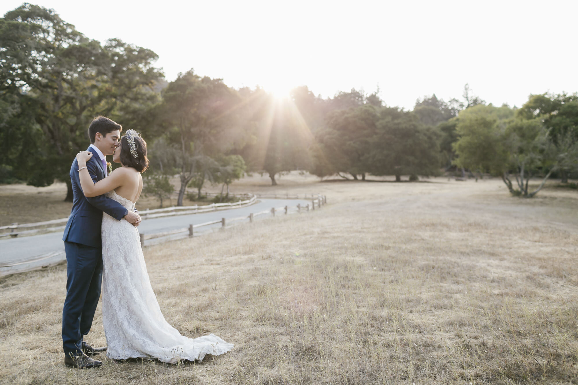 Bride and groom at sunset for their wedding portraits