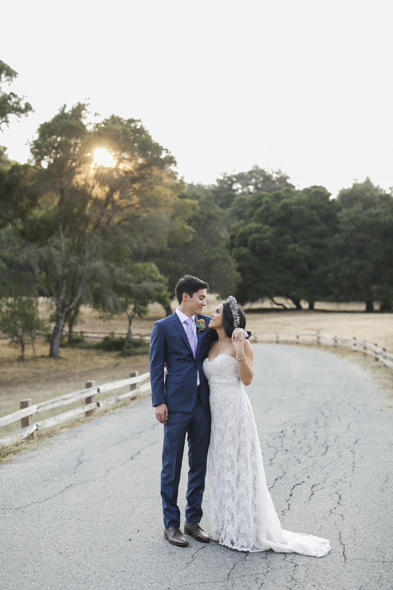 Bride and groom at sunset for their wedding portraits