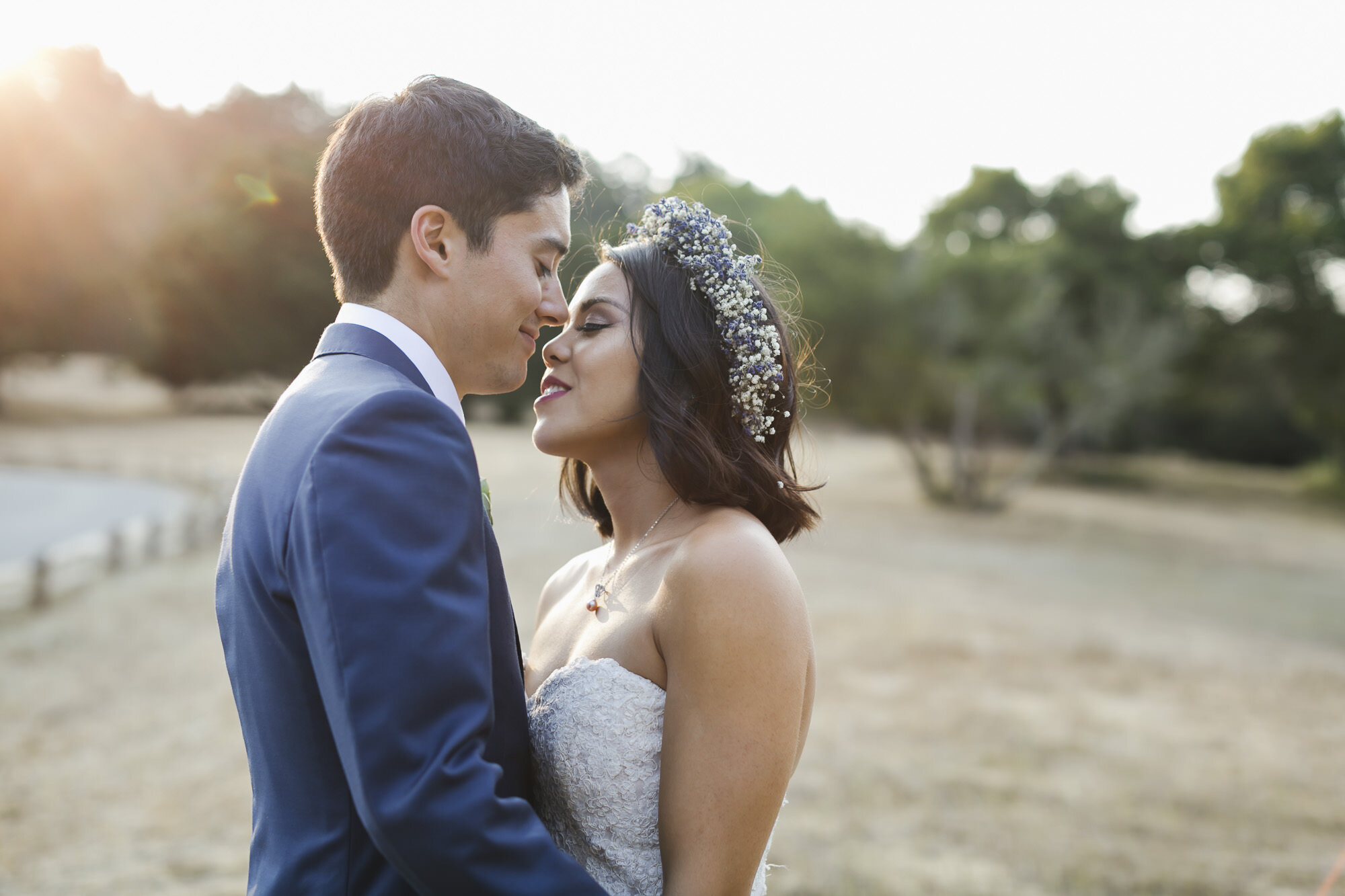 Bride and groom at sunset for their wedding portraits