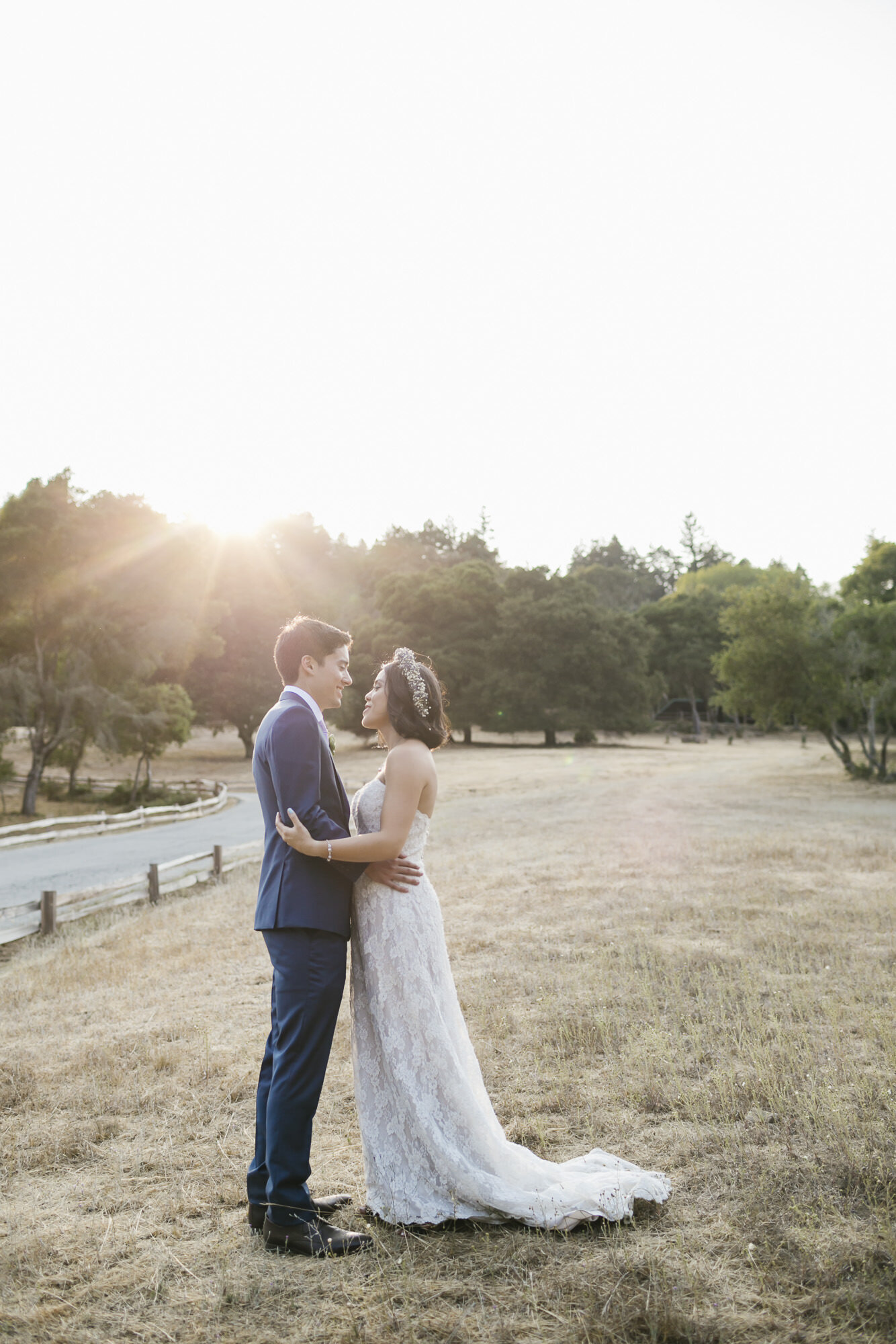 Bride and groom at sunset for their wedding portraits