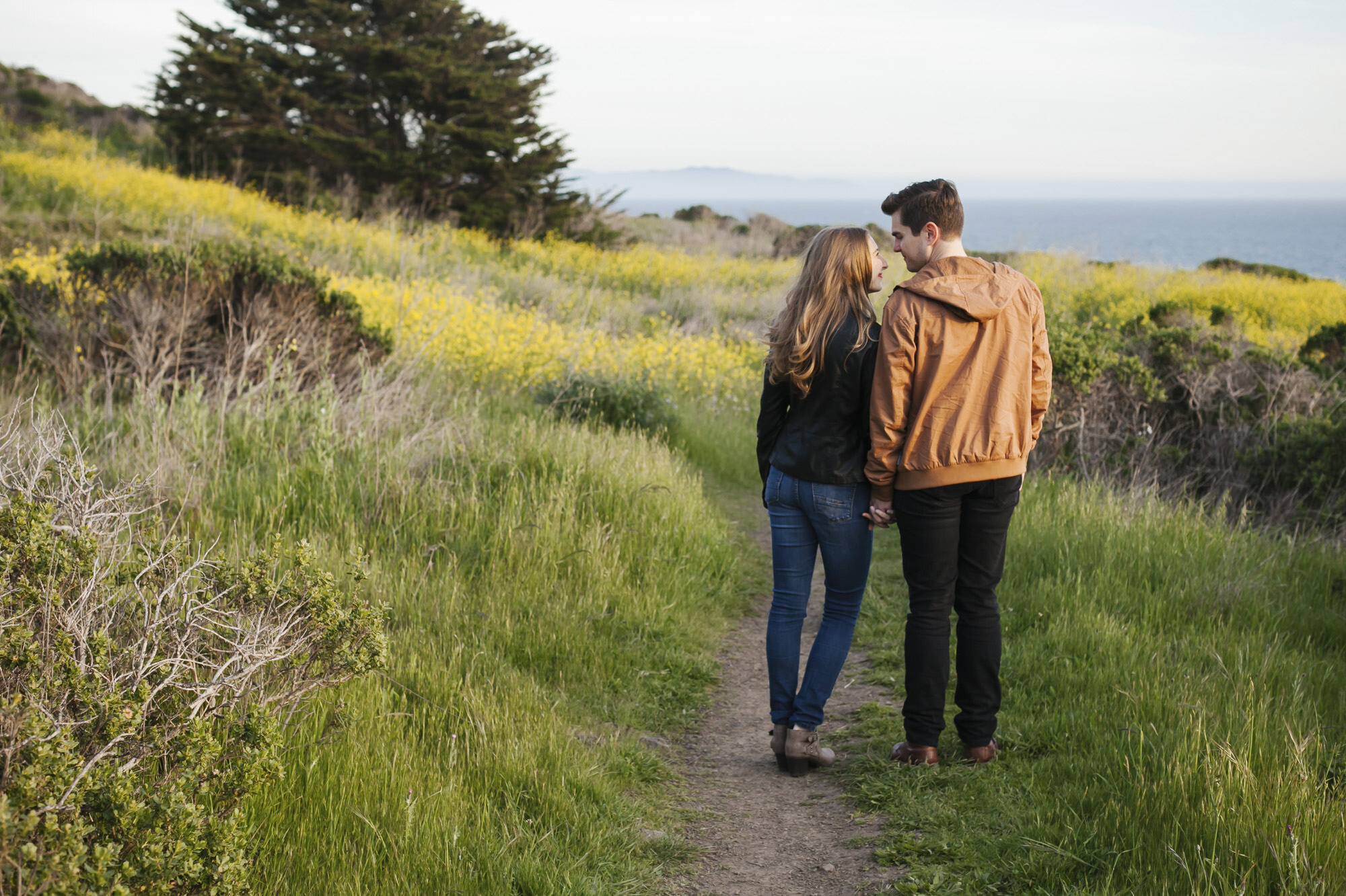 Engaged couple walk among yellow wildflowers along the California coast