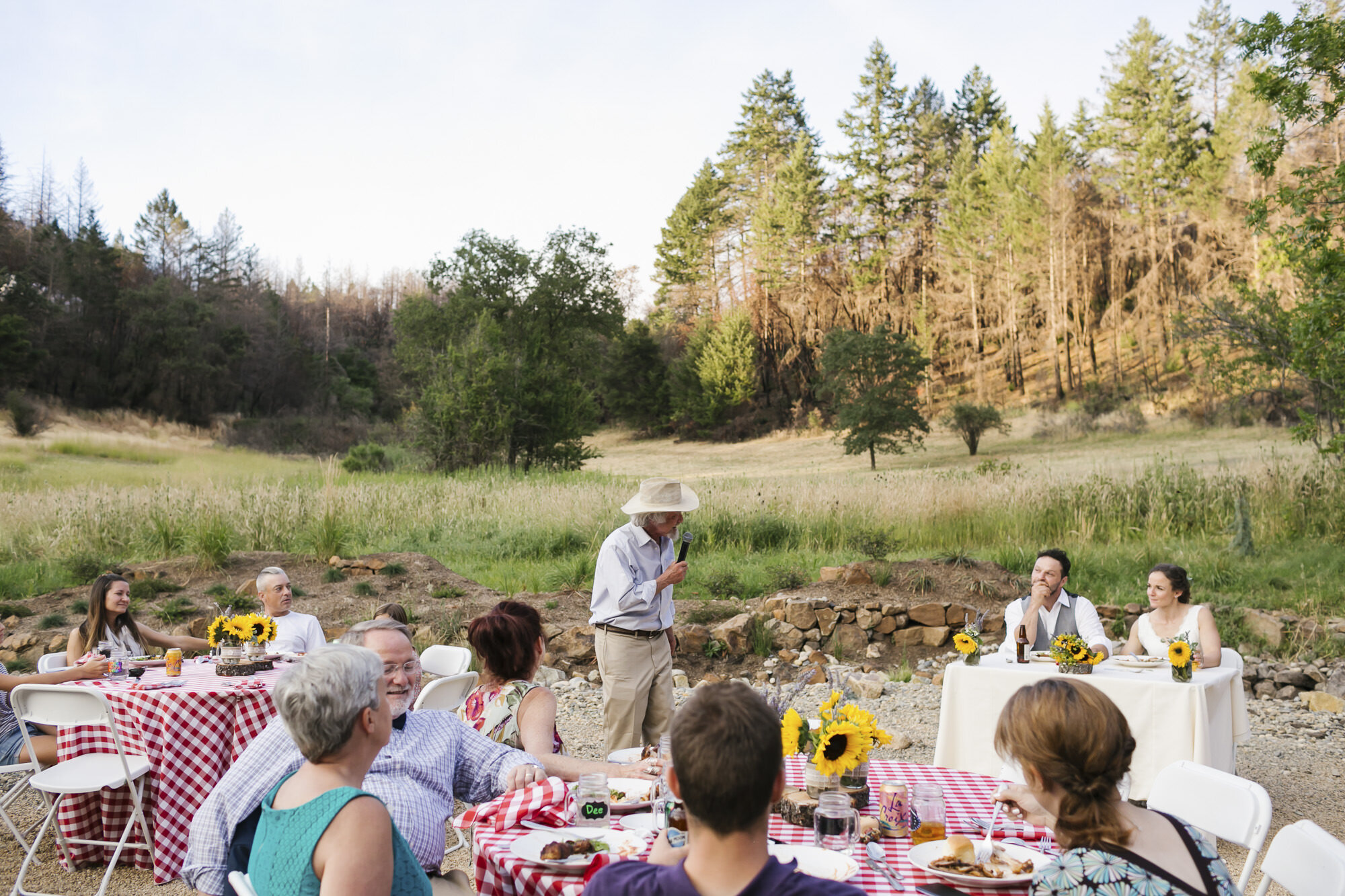 Backyard wedding reception in Sonoma with red gingham tablecloths