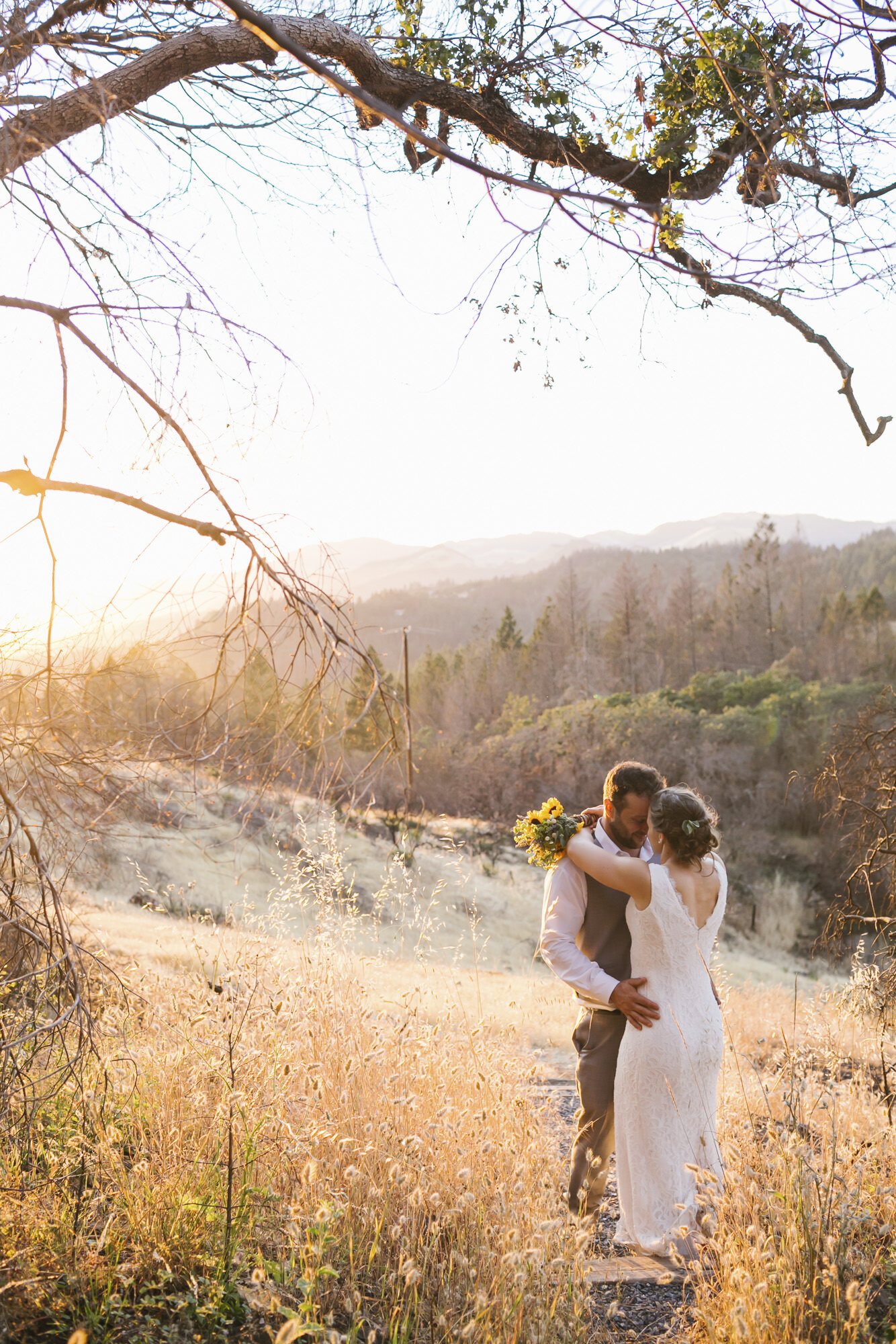 Sunset wedding portraits among wildfire burn damage in California