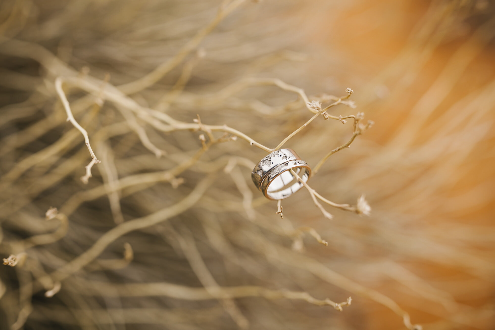 Detail shot of wedding rings depicting a map of the world 