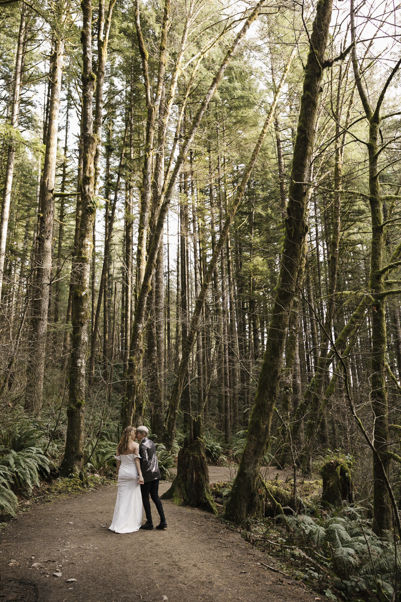 Wedding couple hike through a forest in Washington for their elopement