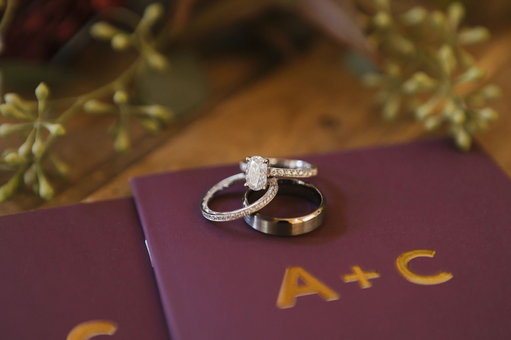 Detail shot of wedding rings and vow books during adventurous elopement in Tahoe