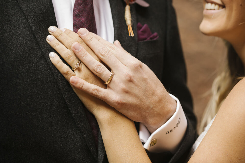 Close up shot of wedding couple's hands with their rings