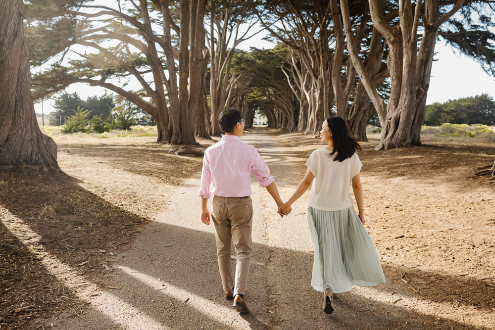 Point Reyes couple hold hands as they walk down the Cypress Tree Tunnel