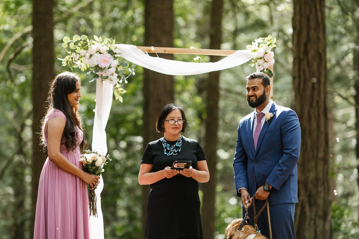 Bride and groom at their redwood forest elopement ceremony