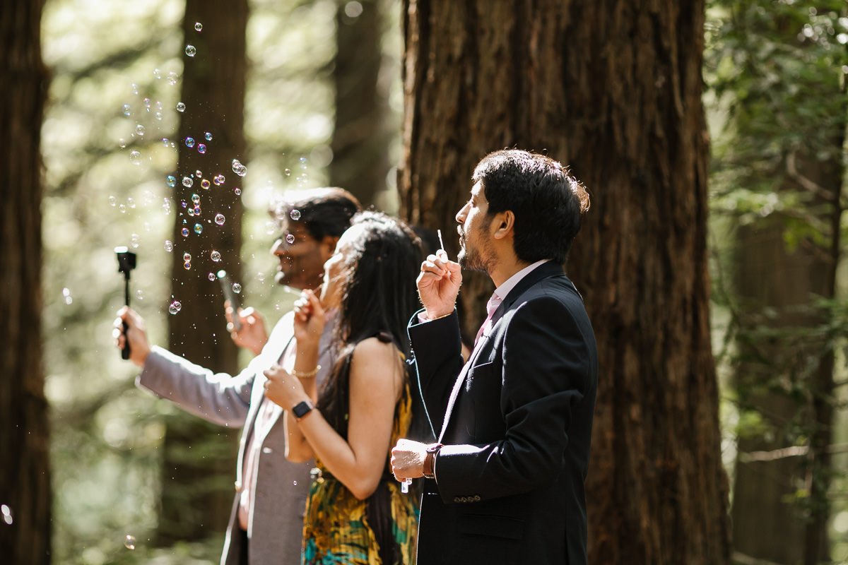 Wedding guests blow bubbles towards the couple during their redwood forest elopement