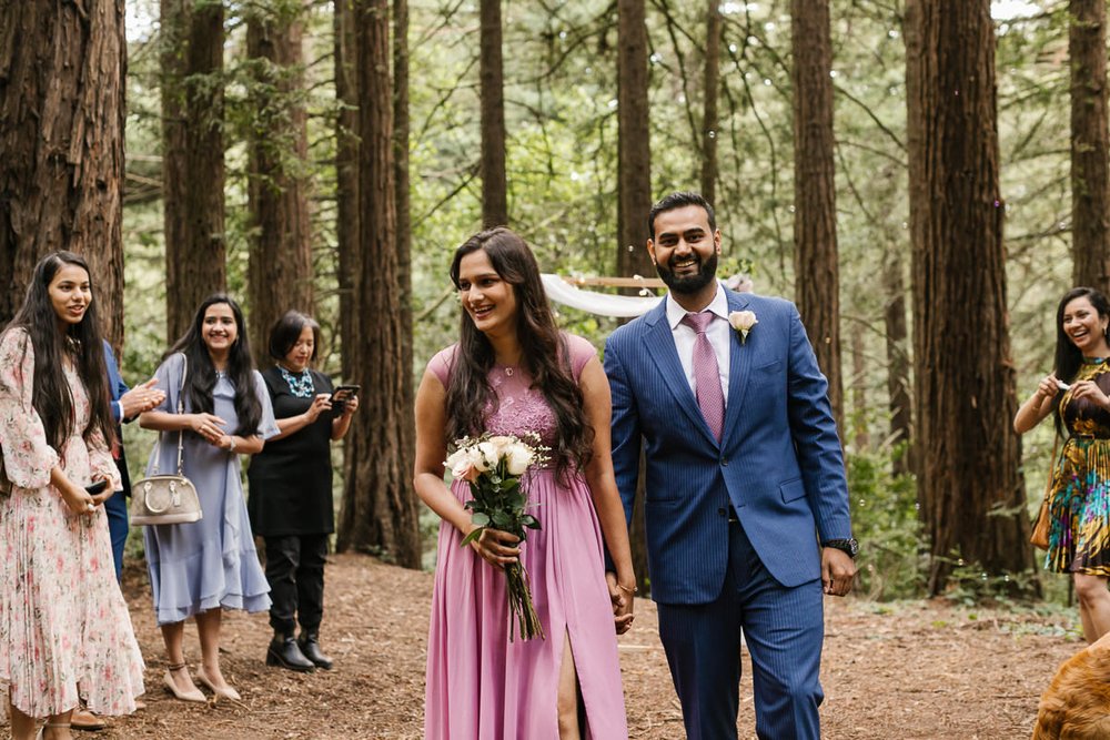 Just married couple at their redwood forest elopement in Joaquin Miller Park