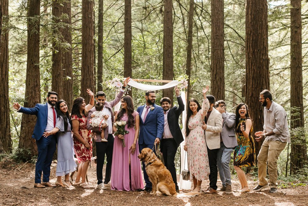 Couple and their wedding guests at their redwood forest elopement
