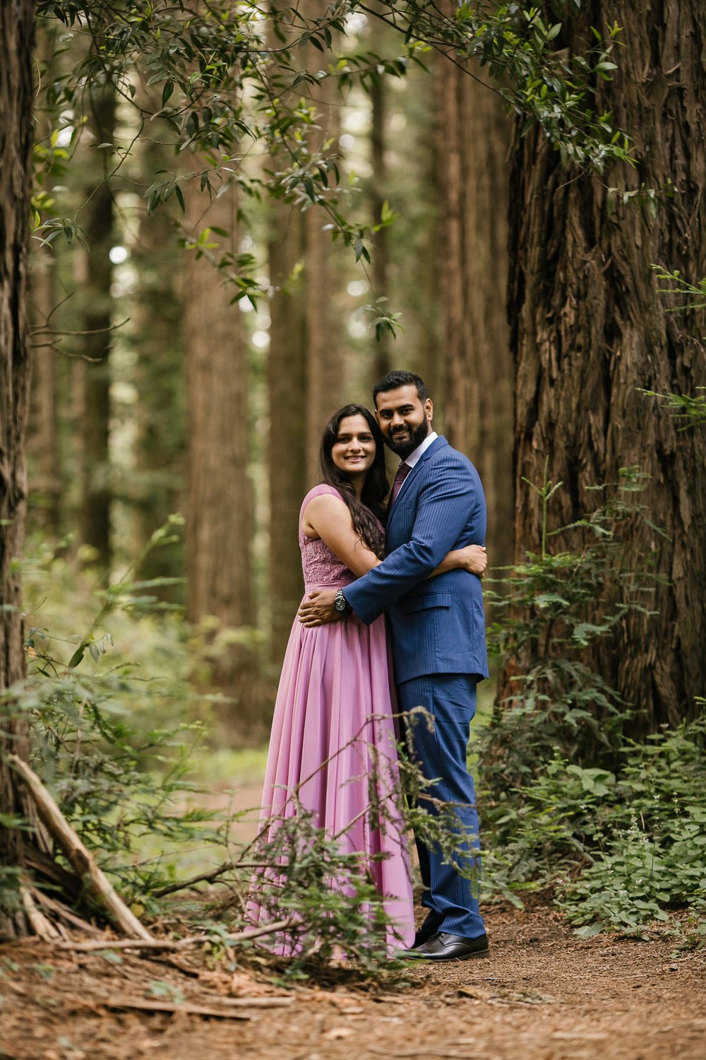 Wedding couple portrait during their redwood forest elopement