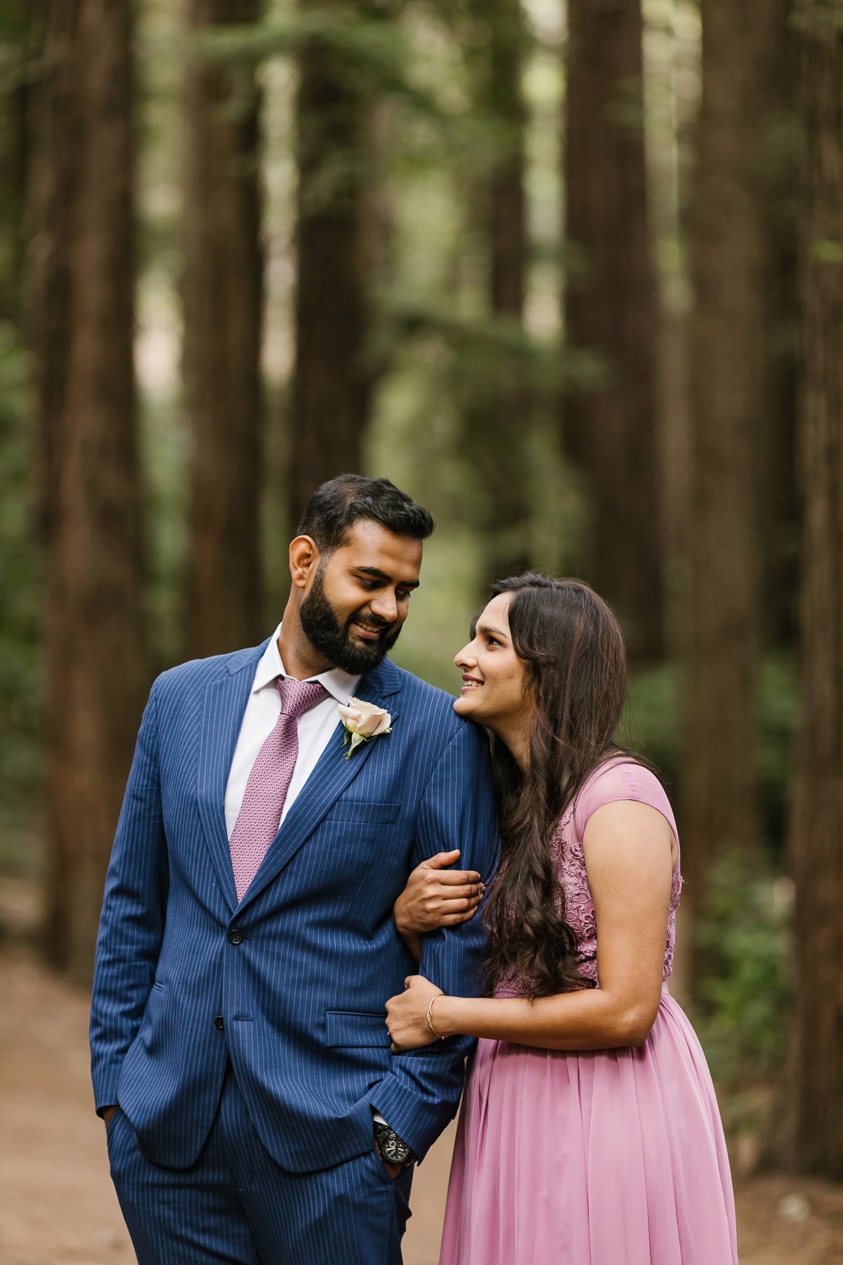 Wedding couple portrait during their redwood forest elopement
