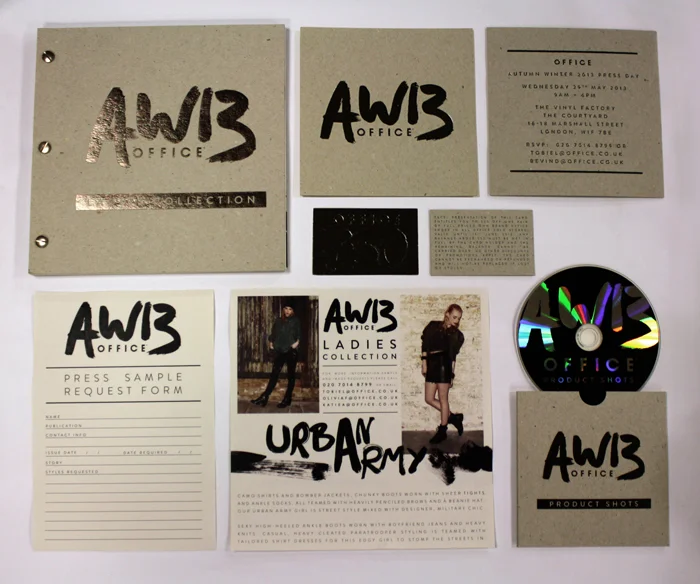 OFFICE AW13 Lookbook & Press Day Elements: Invitation, Gift Card, Press Releases and Product Shots CD. The gift card, CD wallet and invitation was also produced on Nomad board, with Luxor gun metal foiling on front and back. The Press releases were digitally printed both sides on 175gsm Cyclus.