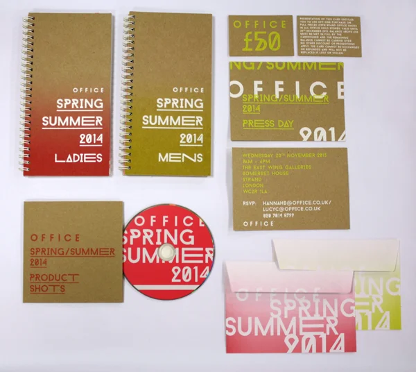 The lookbook was sized at 105mm x 210mm and produced on 175gsm cyclus, with pantone-printed 'onion skin' translucent leaves throughout. The covers were produced on Kraft board, with pantone printed gradients and white foil stamping, with white wiro-binding. The gift card, CD wallet and invitation was also produced on kraft board, and hand screenprinted with pantone ink. The Press releases were digitally printed both sides on 175gsm Cyclus.