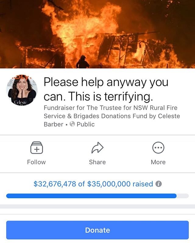 Wow. This woman @celestebarber has done way more than our government has done to protect the people and animals from these crazy fires. Go to her Facebook or instagram page to donate to her cause which she'll be giving to the fire services and wildli