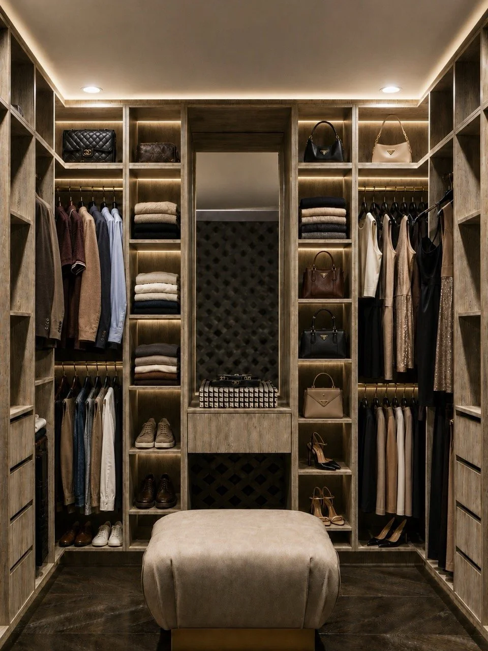 Burwood Penthouse master walk-in wardrobe featuring custom timber joinery, illuminated shelving, curated clothing, designer accessories and a central upholstered ottoman.